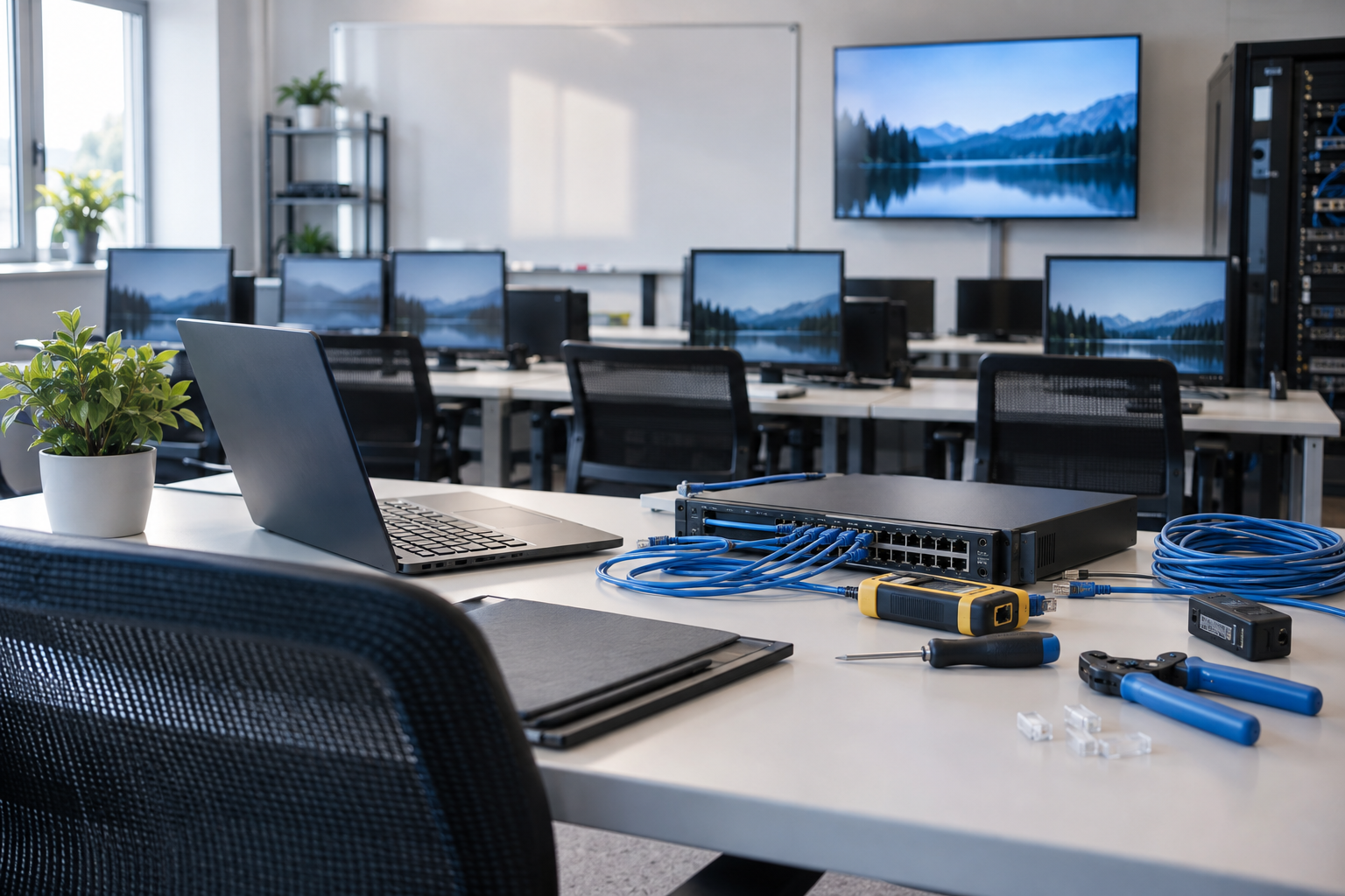 Computer training room with networking equipment and IT support tools